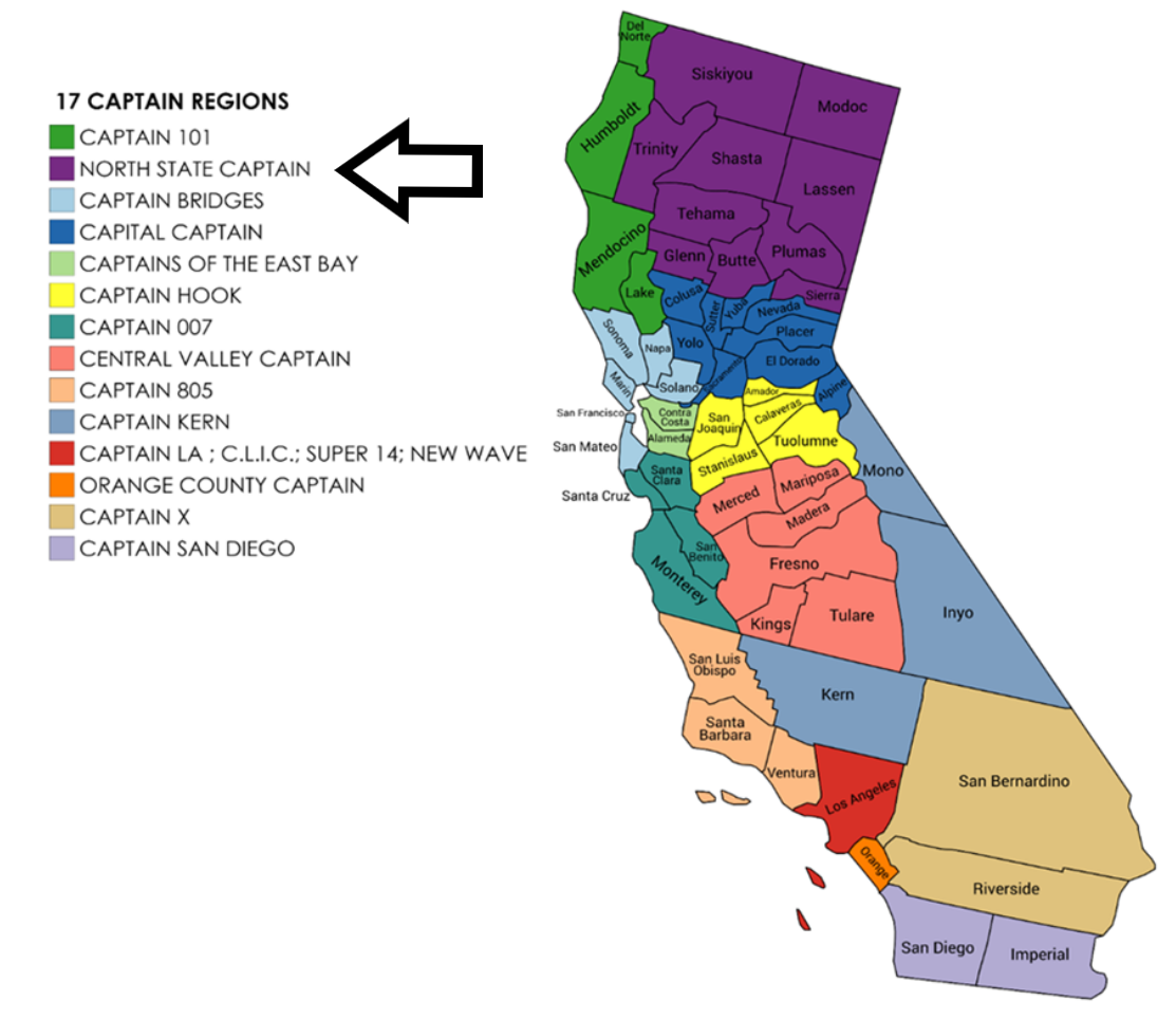 Map of California's seventeed CAPTAIN regions, with the North State Cadre highlighted